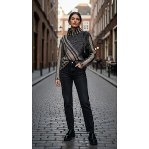 Ortensia Made in Italy Zip-Neck Wool Blend Sweater Modern Distressed Knit Size L